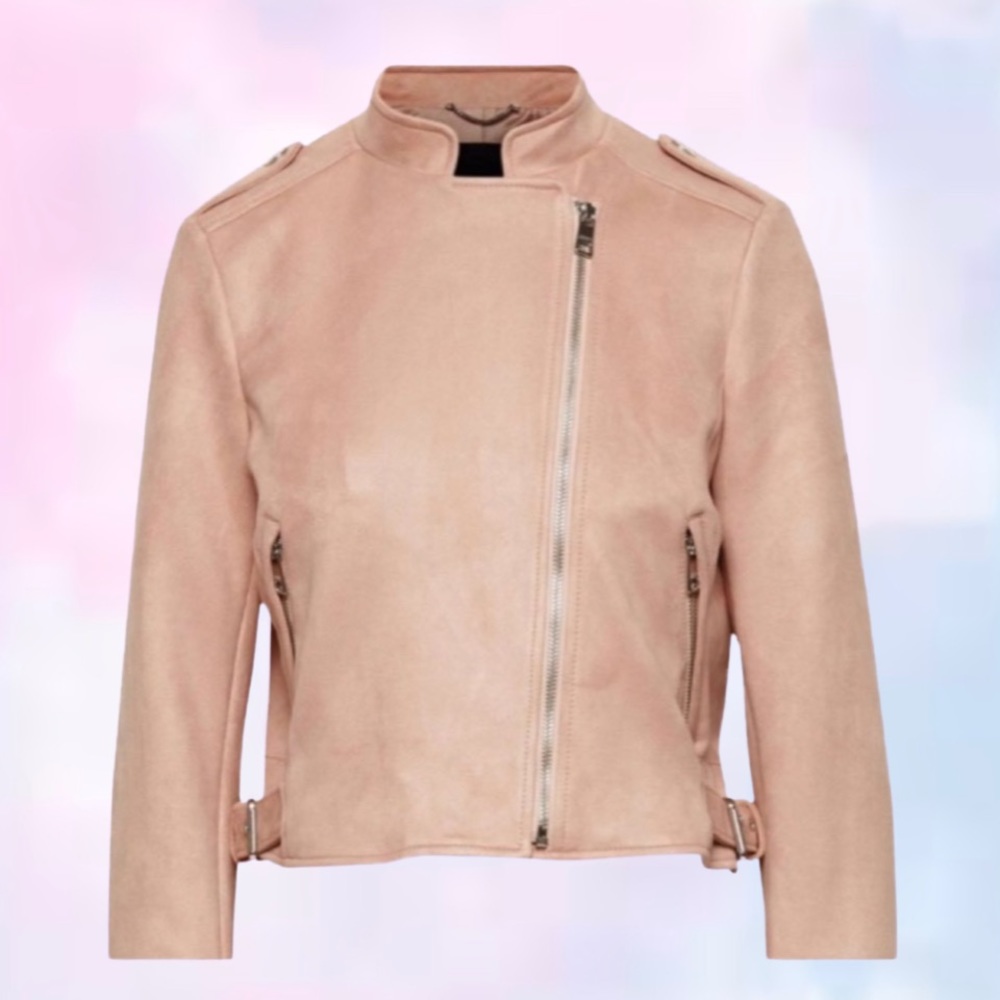 Pale pink moto jacket from Banana Republic